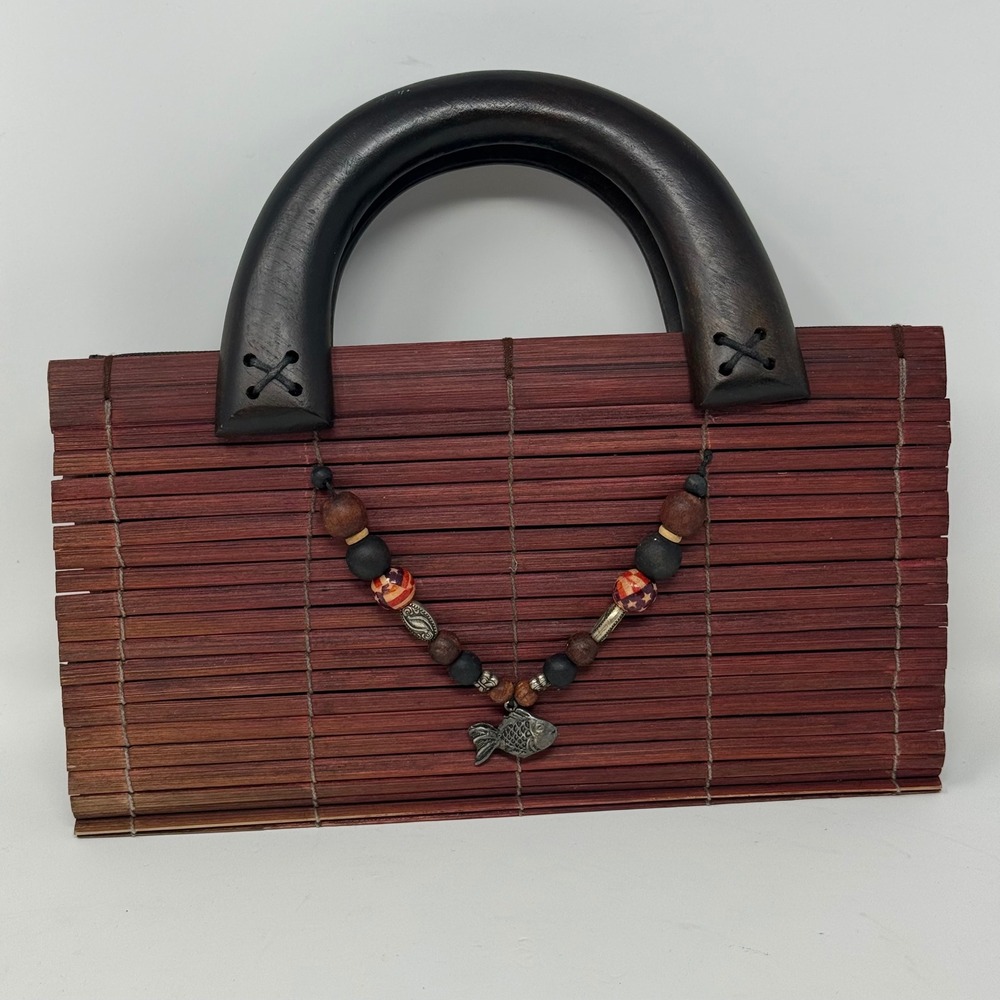 Bamboo Slat Handbag with Wooden Handles and Fish Bead Charm Brown Boho Bag